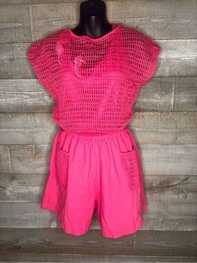 Vintage 80s Mister Noah Bright Hot Pink Mesh romper one piece beach seahorse